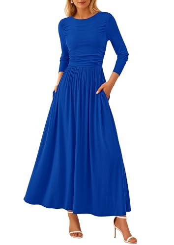 PRETTYGARDEN Women's 2025 Fashion Trendy Fall Long Sleeve Dresses Ruched Flowy Elegant Modest Boho Casual Beach Maxi Dress (Royal Blue,Medium)