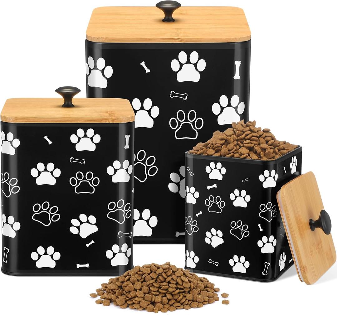 Airtight Dog Food Containers with Bamboo Lids, Metal Dog Treat Jars Canisters for Kibble, Biscuits, Snacks, Cookies, Pet Food Storage Set for Kitchen Counter Christmas Gift(Black)