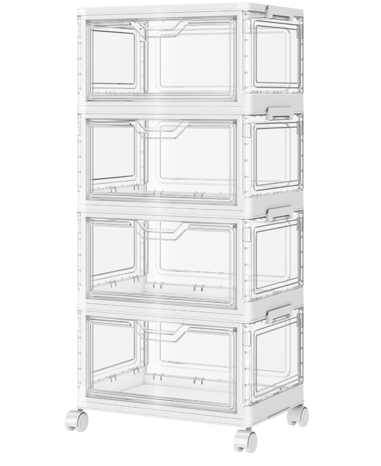 SNSLXH Portable Clear Storage Bins with Lid & Wheels, 24QT Clear Storage Bins with Lid, 4-Tier Plastic Bins with Wheels, Stackable, Magnetic Doors, for Bedroom, Living Room, Office