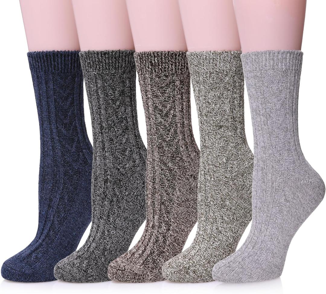 MQELONG Womens 5 Pairs Soft Thick Comfort Casual Cotton Warm Wool Crew Winter Socks (One Size, 5 Pack Solid Color B)