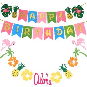 Hawaiian Party Decoration |Luau Party Supplies| Hawaiian Tropical Banner, Flamingo Garland for Pool Birthday Supplies(set of 2), Tropical Birthday Banner for Beach Moana Baby Shower Decorations