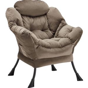 Lazy Chair Thick Padded, Comfy Velvet Accent Lounge Chair with Stable Frame, Leisure Sofa Armchair with Armrests and Side Pocket, Reading Chair for Bedroom, Living Room, Office, Dark Gray