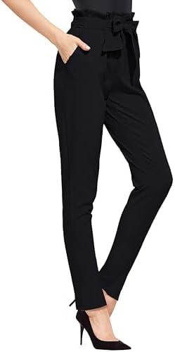 Hybrid & Company Women's Paper Bag Pants Casual Slim High Waist Pants with Bow Knot L