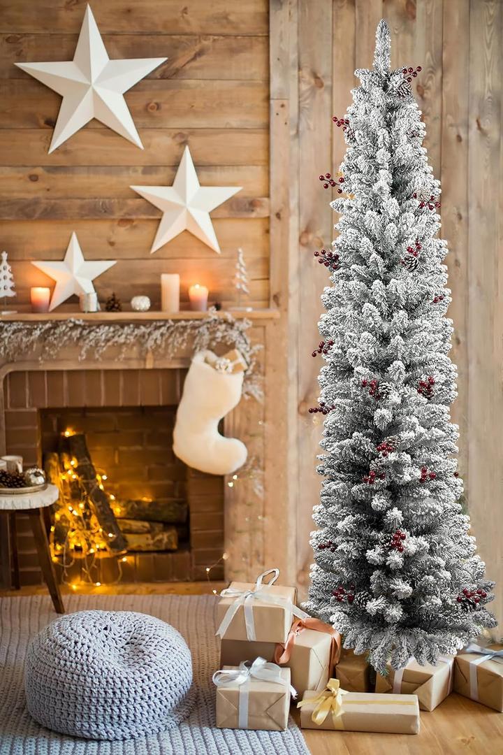 6ft Pencil Snow Flocked Christmas Tree, Artificial Full Appearance Holiday Decoration Tree, Slim Skinny Xmas Tree with 316 Snow Flocked Tips & for Indoor Home Party Decor