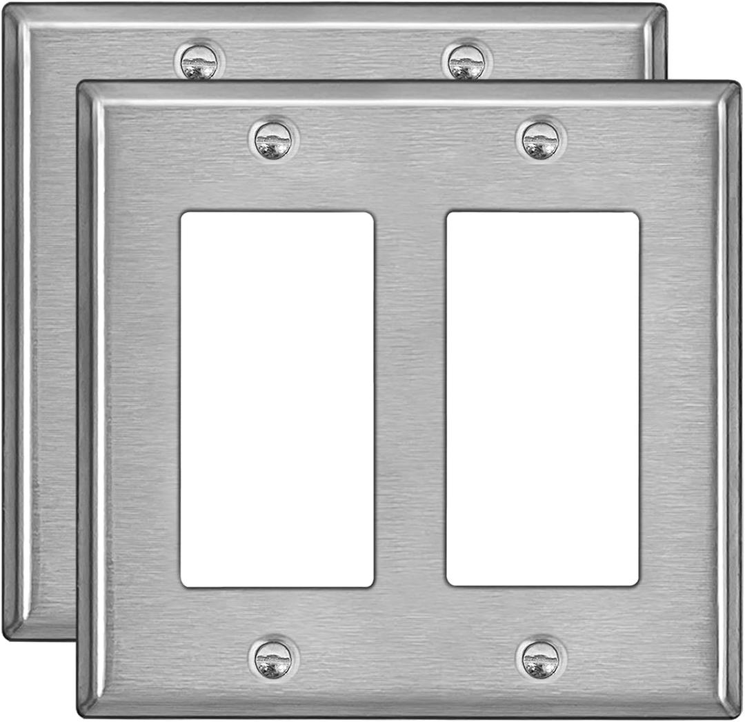 BESTTEN 2 Pack 2-Gang Decor Metal Wall Plate with Protective Film, Standard Size, Decorator Outlet Cover, Industrial Grade Stainless Steel, H4.53 x W4.57, Brushed Finish, Silver