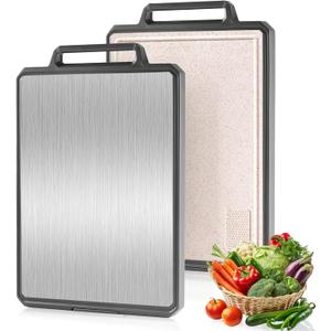 Double Sided Stainless Steel Cutting Board Non-toxic for Kitchen Chopping Large Big Small Metal Carving Meat Butcher Block with Handle Not Titanium Wood Bamboo Plastic Over Sink Grey/Beige (Medium)