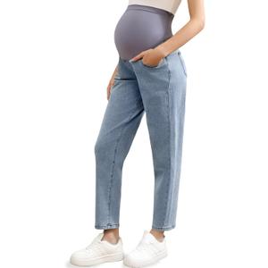 Women's Maternity Jeans Over Belly, Comfy Stretch Boyfriend Jeans, Loose Pregnancy Pants with Pockets (X-Large)