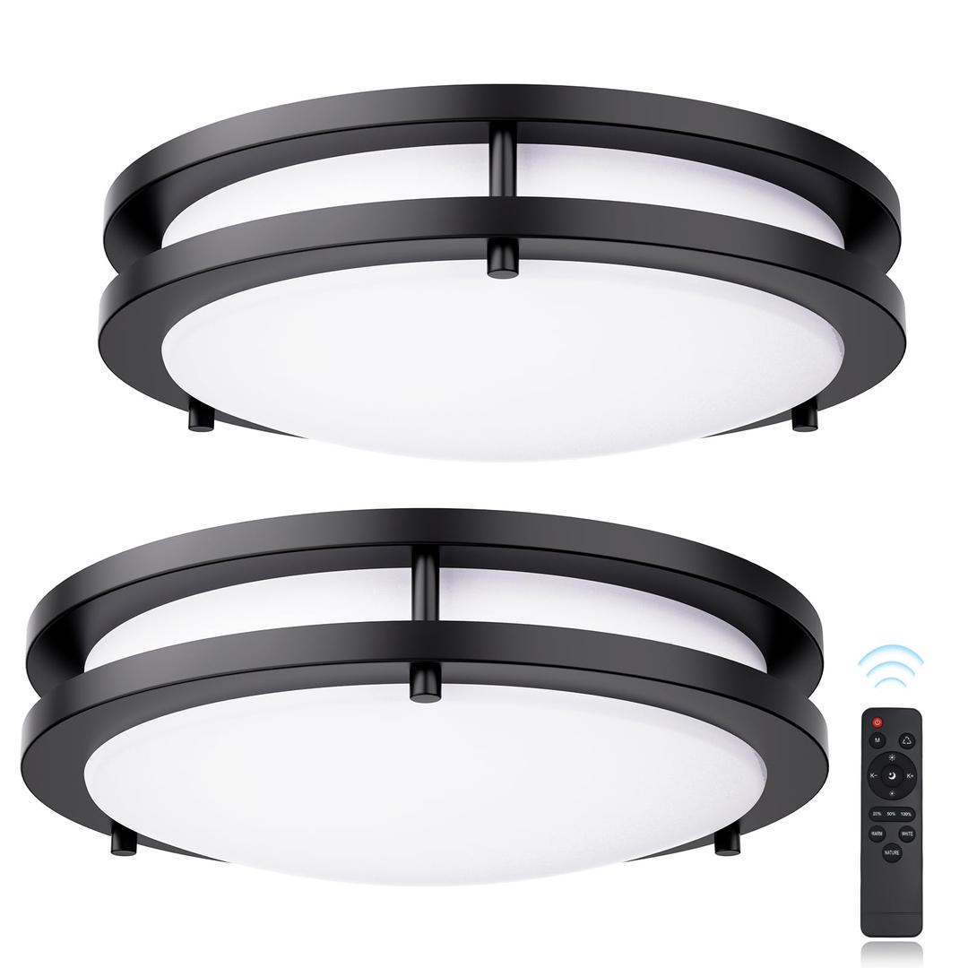 Flush Mount Ceiling Light with Remote: 2 Pack 16 Inch Lights fixture, 3000K-4500K-6000K Adjustable 3 Color Temperature, Dimmable Lighting Fixtures for Kitchen Bedroom Hardwired Installation (Black)