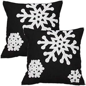 Elife Soft Square Christmas Snowflake Home Decorative Canvas Cotton Embroidery Throw Pillow Covers 18x18 Cushion Covers Pillowcases for Sofa Bed Chair (1 Pair, Black)
