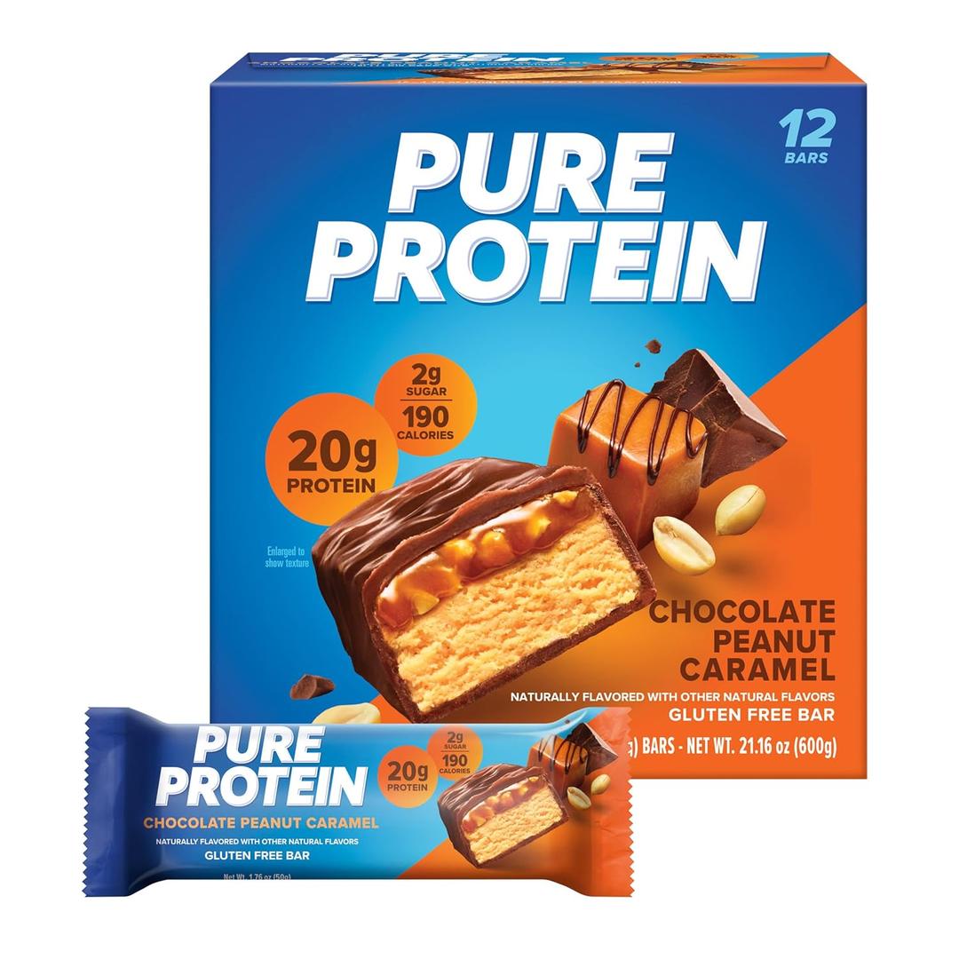 Pure Protein Chocolate Peanut Caramel Protein Bars 20g Protein, 3g Sugar, 190 Calories (12 count) Low Sugar* High Protein Snack - Gluten Free - Perfect for a Healthy Snack, Best Before Date 11/25/2026