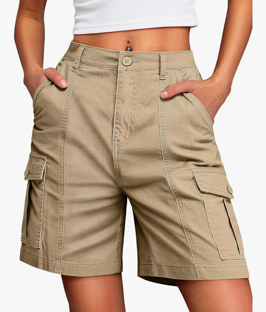IWD Bermuda Cargo Denim Shorts for Women Knee Length 6 Pockets Elastic Waist Long Jorts for Summer Casual L