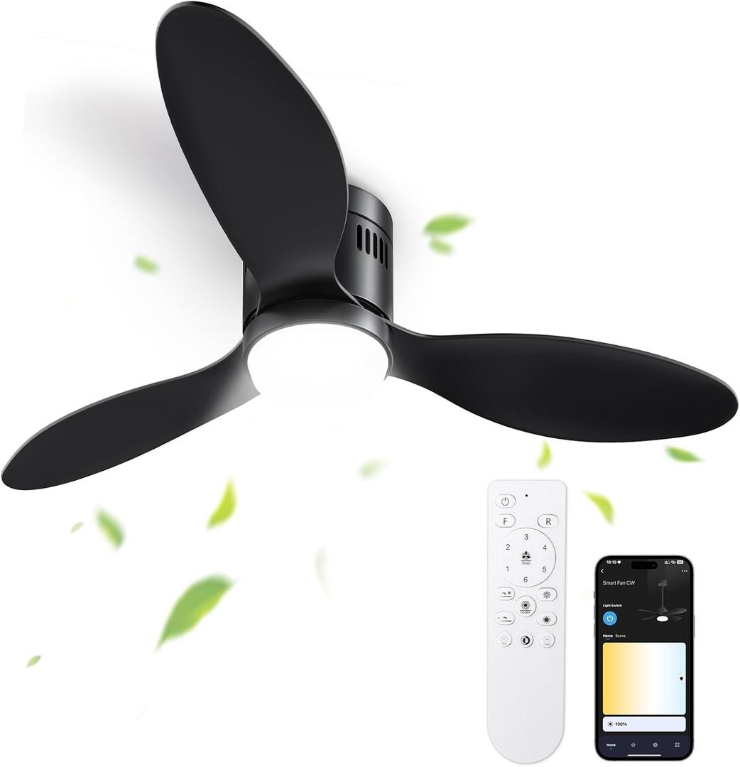 Ceiling Fans with Lights and Remote/APP Control,52" Flush Mount Ceiling Fan with Quiet Reversible Motor, 6 Speeds, 3 Colors Dimmable,Timing,Memory Function for Bedroom Office Home (52 inch, Black)