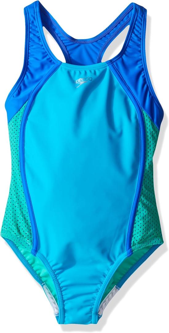 Speedo Girl's Swimsuit One Piece Mesh Splice Thick Strap (8, Mesh Cyan)