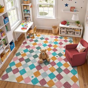 jinchan Macy 8x10 Kids Area Rug for Classroom Modern Colorful Nursery Rug Checkered Diamond Play Mat Washable Soft Non Slip Carpet for Playroom Living Room Bedroom Daycare Confetti on Cream