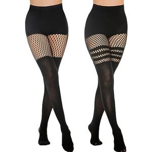 MANZI Faux Thigh High Tights Mock Suspender Pantyhose Striped Goth Fishnets Pack of 2