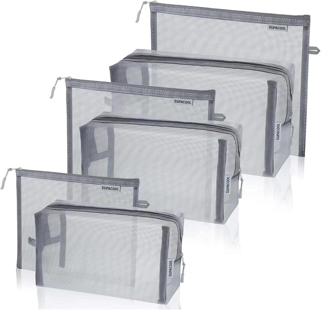 SUPACOOL Set of 6 Travel Mesh Makeup Bag, Cosmetic Organizer Pouches with Zipper, Diaper Organizing Pouches, Nylon Toiletries Bag for Women and Men(6pcs, Gray)