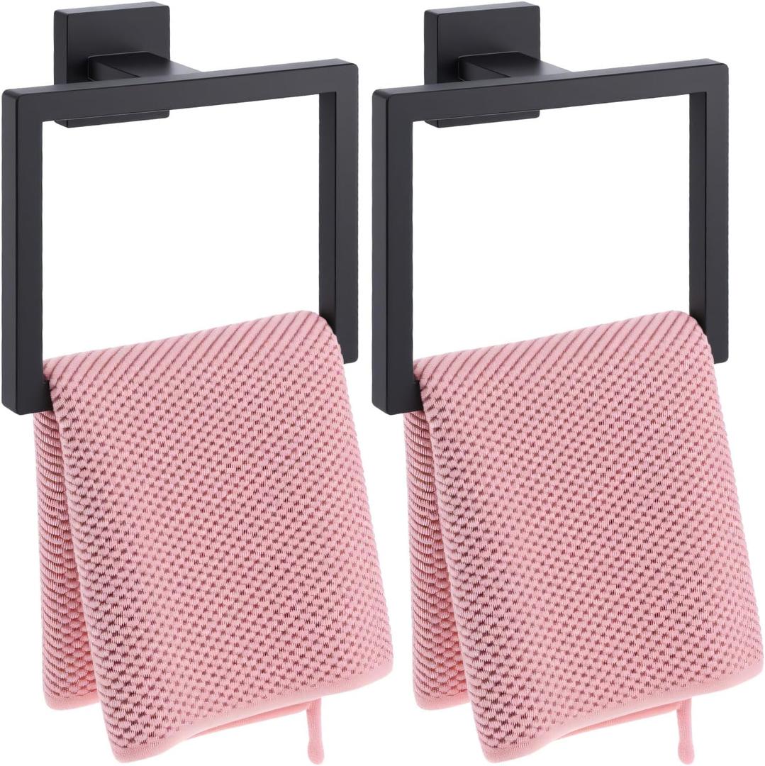 2 Pack Matte Black Towel Ring, Stainless Steel Hand Towel Holder, Modern Square Wall Mounted Bathroom Rack Hangers
