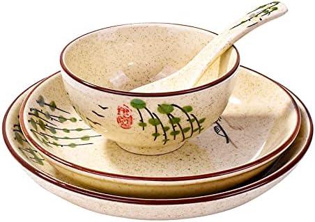 4-Piece Ceramic Dinnerware Set, Plate, Dish, Bowl, Spoon, Japanese Hand-painted Tableware set, A Good Tableware