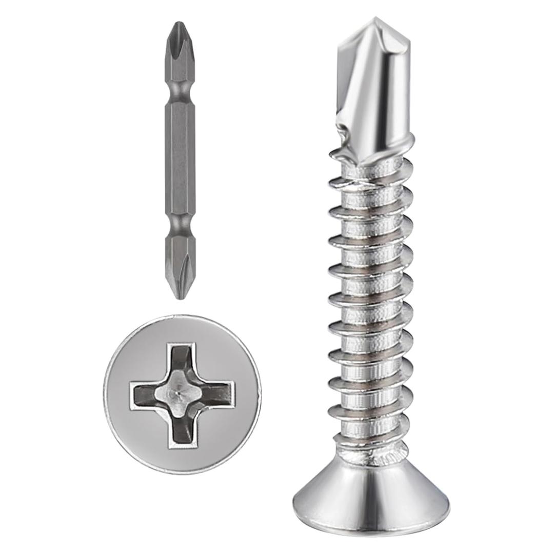 Wensilon300pcs#81for Sheet Metal Self-Tapping Screws 410 Stainless Steel Flat Head High-Strength Quick self-Drilling Screws (#8X1", Silver)