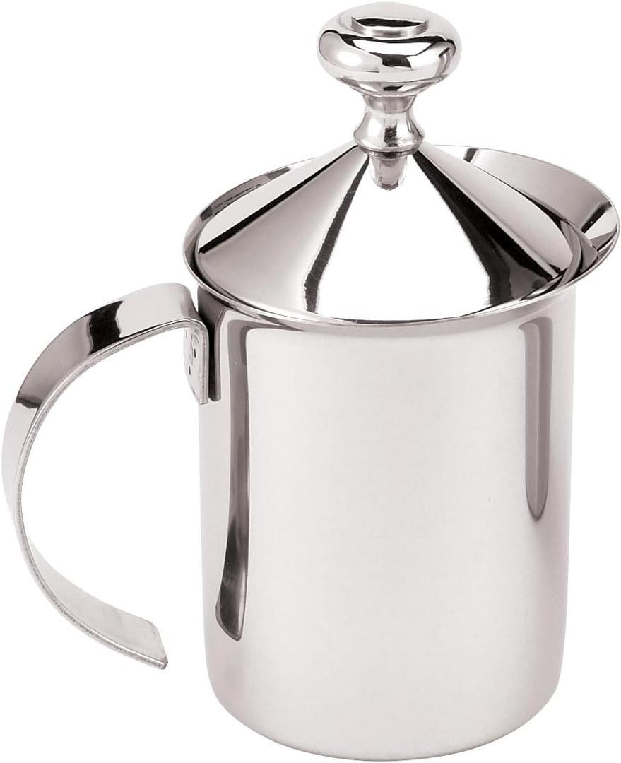 Fino Milk Creamer Frother Cappuccino Foam Pitcher with Handle and Lid, 18/8 Stainless Steel, 14-Ounce Capacity