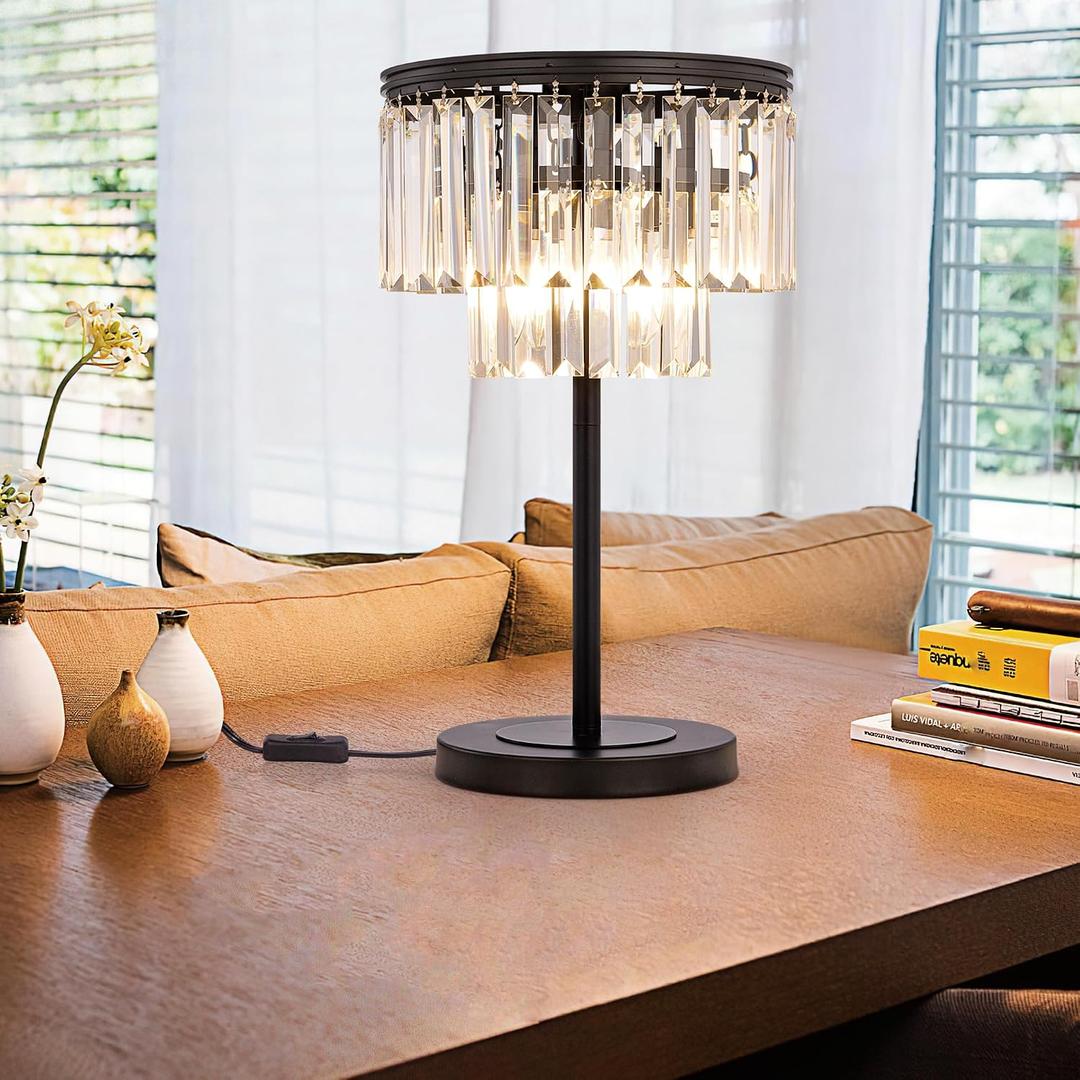 Wellmet 3 Lights Crystal Table Lamp, Bedside Lamp for Bedroom | Black Nightstand Modern Farmhouse Table Lamp With ON/OFF Switch for Living Room, Desk, Entryway, Kids Room