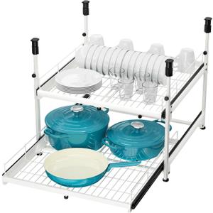 Hisencn Expandable 2-Tier Pull Out Cabinet Organizer, 13"-21" Wide Slide-Out Drawers (White)