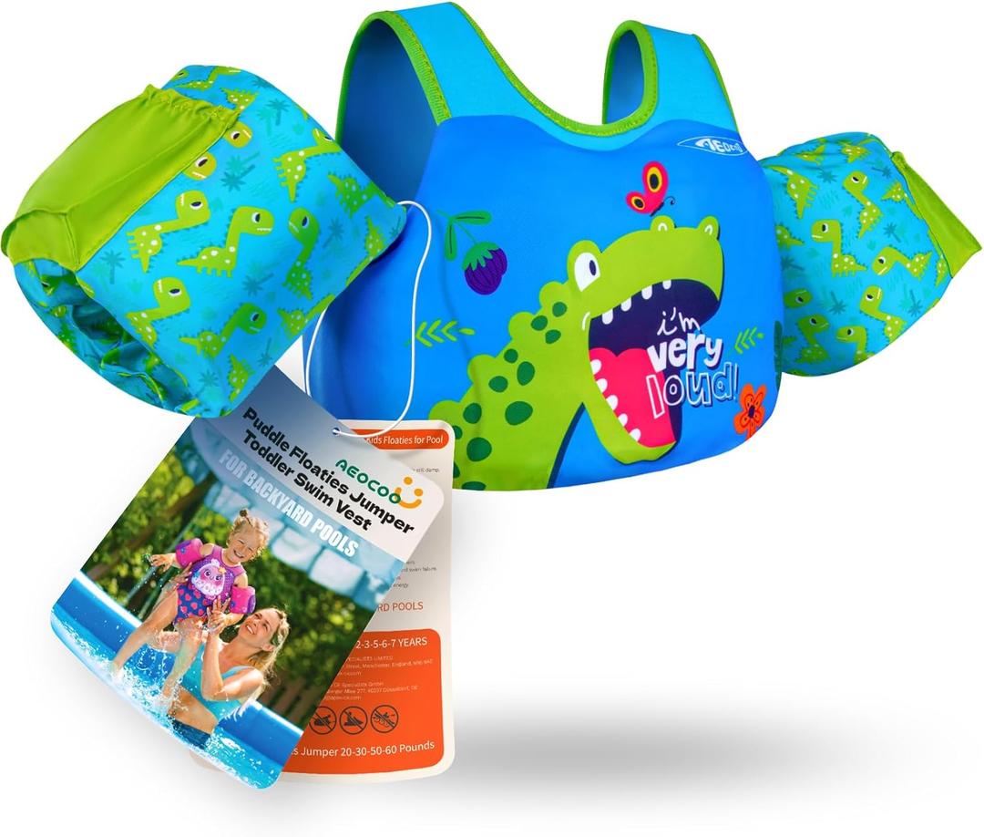 Puddle Float Jumper 20-30-50-60-70 Pounds, Toddler Swim Vest for 1-3-5-6-9 Years Old, Pool Floats with Swimming Arm Floaties Swim Jacket & Water Wings for Kids Swimmies, Boys, Girls, Nios (Dinosaur)