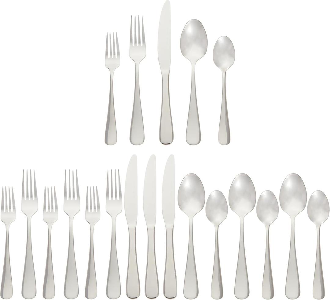 Amazon Basics Silverware Set, Stainless Steel Flatware, Dishwasher Safe, Service for 4, 20-Piece Forks and Spoons, Round Edge, Everyday Use