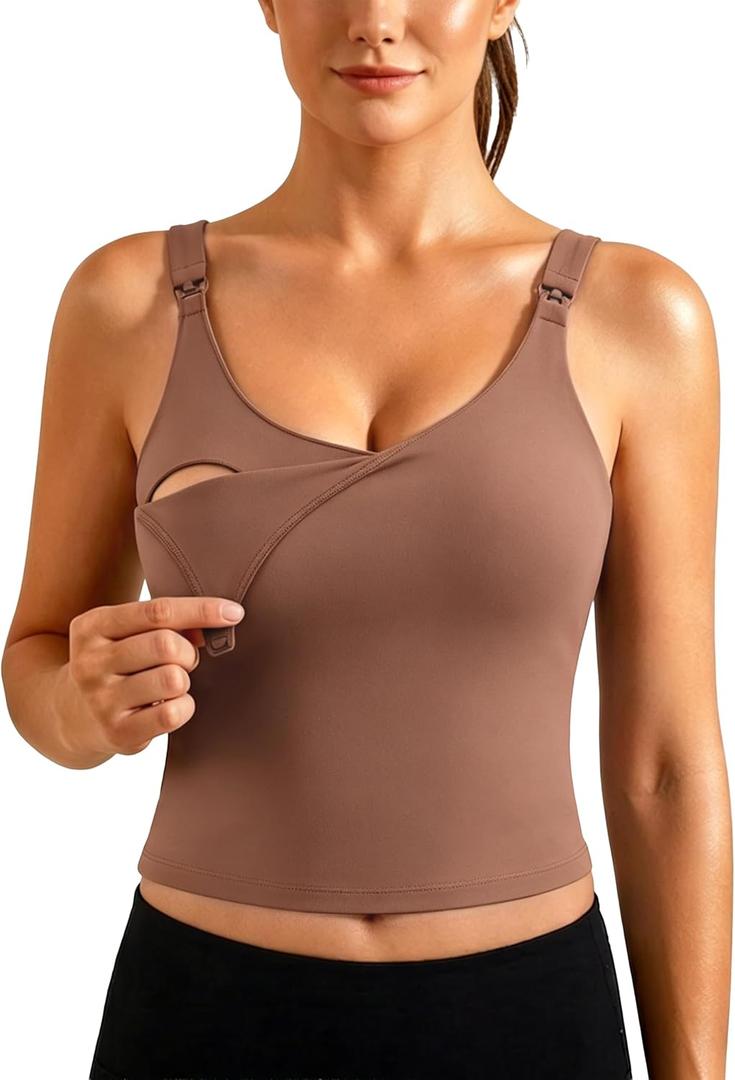 Ecavus Nursing Bras for Breastfeeding Longline Sports Maternity V Neck Buttery Soft Crop Tank Top with Built in Bra, L