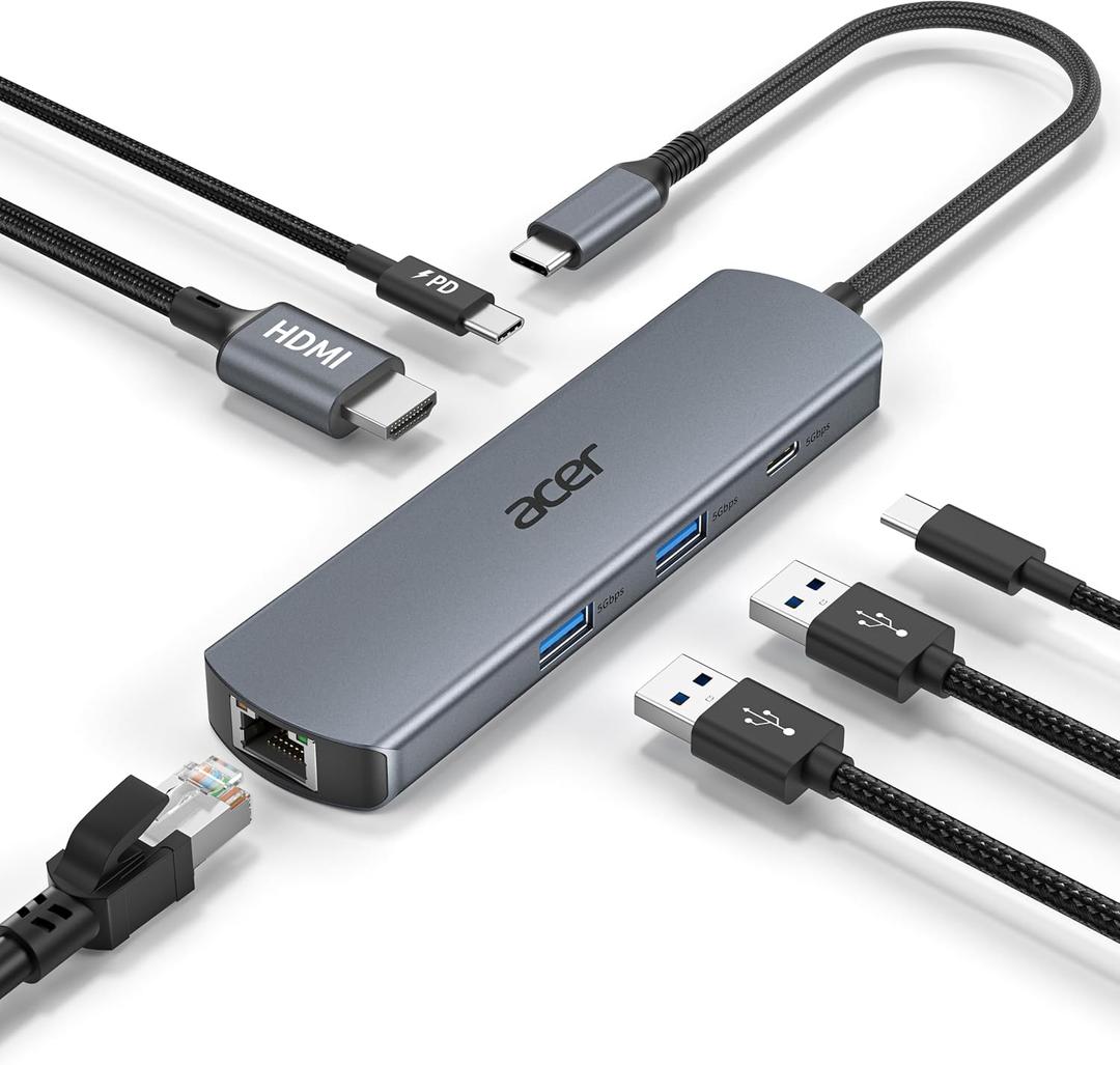 acer 6 in 1 USB C Hub with Ethernet, 4K@60Hz USBC to HDMI Multiport Adapter, 100W PD Charging, USB A/USB C Data Ports USB C Splitter for MacBook Neo/Pro/Air, Acer, iPad, iPhone 17/16/15