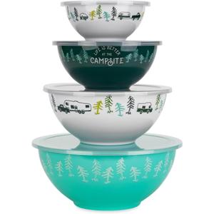 Camco Life is Better at The Campsite Nesting Bowl Set with Lids | Great for On-The-Go Lifestyles | Features (4) Durable Melamine Bowls with (4) Plastic Lids (53451) (Multi Size)