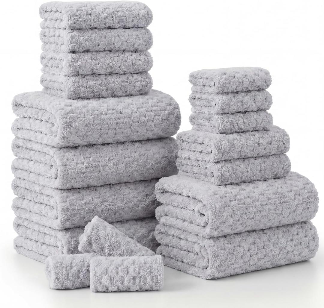 18 Pcs Soft Microfiber Baths Towel Set Include 6 Bath Towel,6 Hand Towels,6 Washcloth Bath Towels and Washcloth Set Coral Fleece Bathroom Sets with Hanging Loop for Family(Gray)