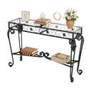 HavenlyYouth Console Table 47.2", Tempered Glass Sofa Tables, Vintage Entryway Table with Metal Frame, Console Tables for Living Room, Entrance, Foyer, Adjustable Feet (Black)