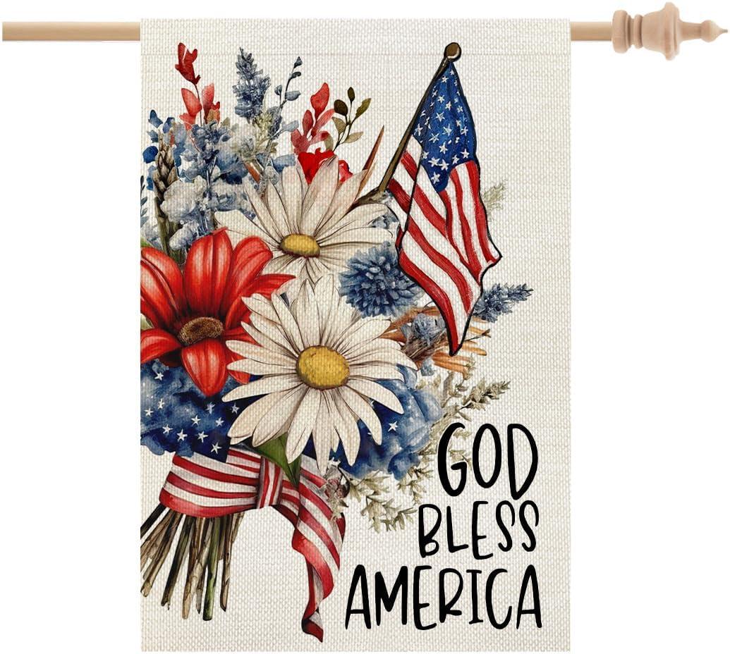 CROWNED BEAUTY 4th of July Patriotic Floral House Flag 28x40 Inch Double Sided Large Burlap for Outside God Bless America Independence Day Yard Flag CF1543-40
