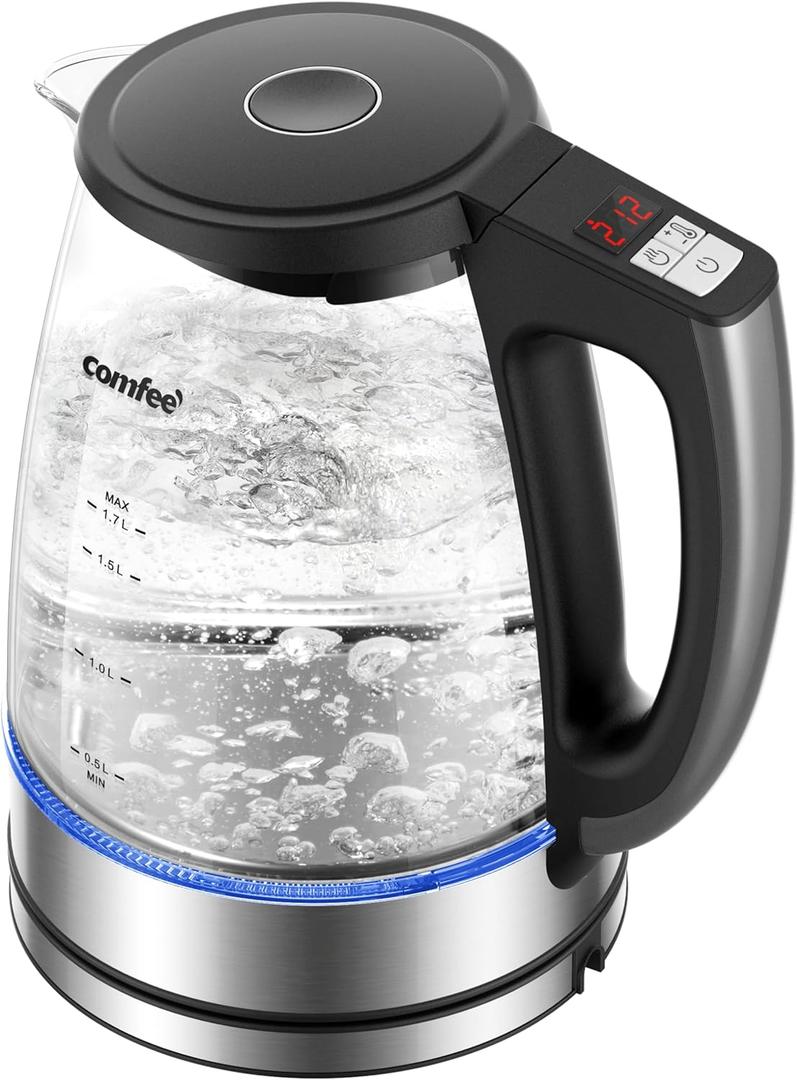 COMFEE' 1.7L Glass Tea Kettle and Kettle Water Boiler - Electric Kettle Temperature Control with 6 Presets, 2-Hr Keep Warm, Fast Heating, 304 Stainless Steel, Auto-Off and Boil-Dry Protection (1.8 Quarts, Transparent Digital)