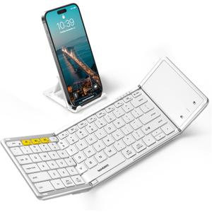 Samsers Foldable Bluetooth Keyboard with Touchpad, Full-Size Wireless Folding Keyboard with PU Leather, Portable Travel for iOS Android Windows Mac OS, Support 3 Devices (BT5.1 x 3), Silver