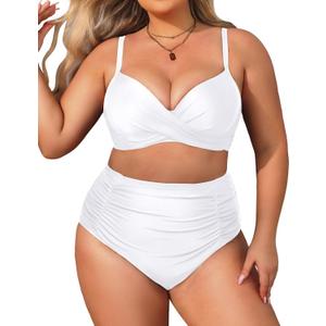Aqua Eve Women Plus Size Underwire Bikini Two Piece Swimsuit High Waisted Tummy Control Bathing Suit (White) 12 W
