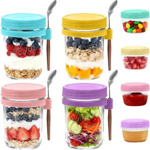 Overnight Oats Containers with Lids, 4-pack Overnight Oats Jars with Spoons and Small Containers, 16oz Glass Mason Jar with Airtight Lid, Chia Pudding Jars Yogurt Containers with Lids, Gifts for Women (Multicolor(Pink+Purple+Turquoise+Bright Yellow))