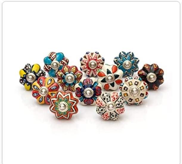 Vintage Multi Designed decorative Ceramic Cupboard kitchen Cabinet Door Knobs bathroom dresser almirah Drawer Pulls retro handles boho classical glazed hardware (Multi Mix Flower New - Pack of 12)
