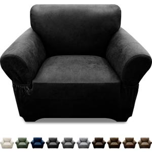 Single Sofa Cover Leather Look Chair Covers for Living Room 1-Piece Sofa Chair Covers with Arms Stretch Furniture Protector with Elastic Bottom & Pockets(Armchair, Black)