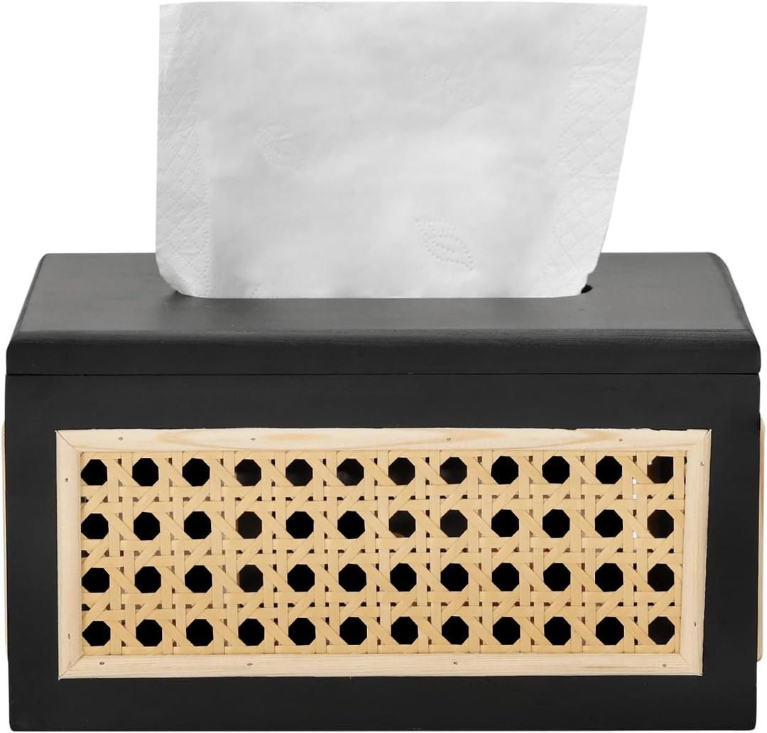 Rattan Tissue Box Cover Rectangle, Hand Woven Wicker Tissue Holder with Magnets for Countertop, Bedside Table, Office, Modern Farmhouse Dcor (7.5 x 4.9 x 3.9 Inch, Black)