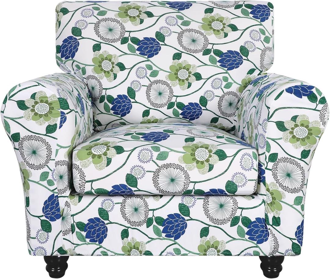 SearchI Stretch Sofa Cover Printed Couch Covers, Floral Pattern 2 Piece Armchair Slipcover with Separate Chair Cushion Cover, Washable Furniture Protector for Living Room(Armchair, Green Flowers) (Small)