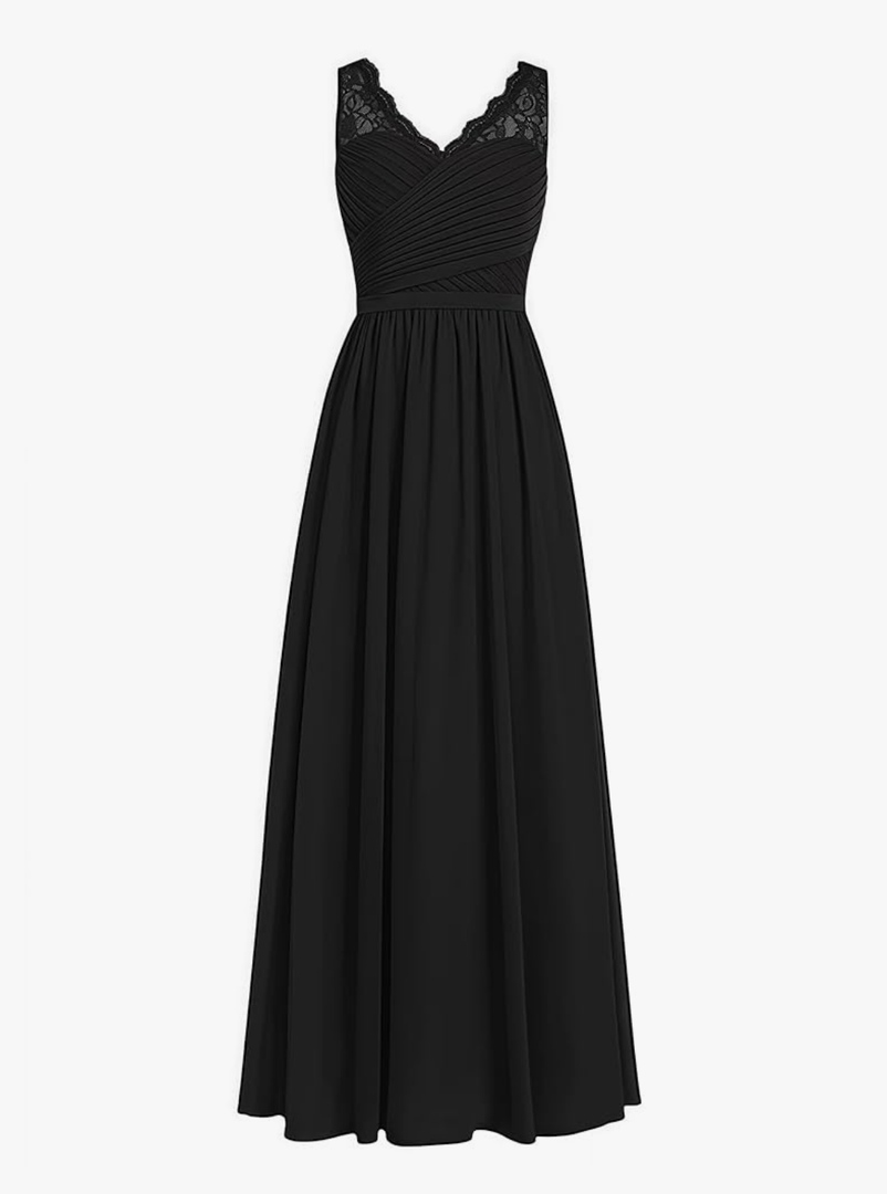 Women's Formal Bridesmaid Dresses Long Evening Dress V Neck A-Line Chiffon Lace Party Gowns, Size XL