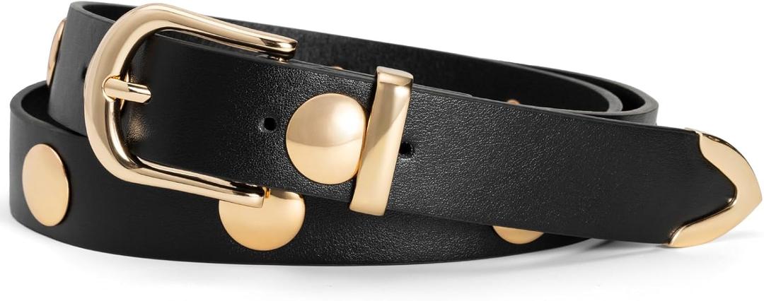 Black Studded Belt for Women,Grommet Designer Womens Belts for Jeans,Gold Buckle Width2.5cm (waist size 26-30")