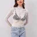 Women Lace Mesh Bow Knot Long Sleeve Tops Mock Neck See Through Sexy Blouse Shirts Sheer Layering Clubwear (White, S)