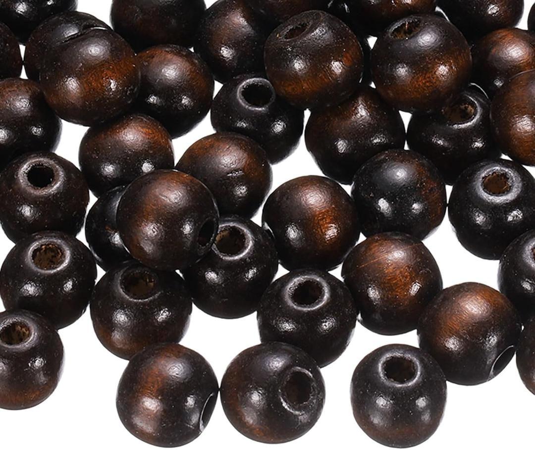 uxcell 200 Pcs Large Hole Wooden Beads, 15 x 16mm Unfinished Natural Round Wood Spacer Beads Hair Braid Barrel Bead for DIY Crafts Hair Macrame Jewelry Making, Dark Brown