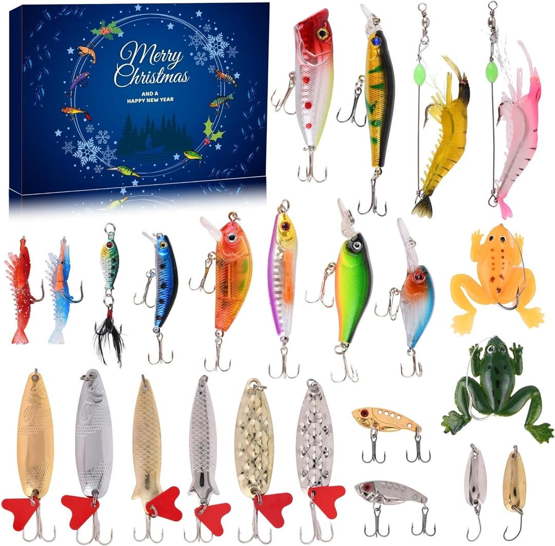 Advent Calendar Fishing Christmas Countdown - 24 Days Fishing Lures Set for Fisher Adult Men Teen Boys - 2025 Xmas Surprise Gift