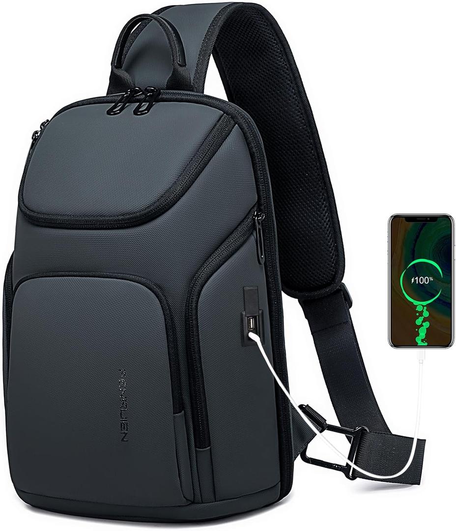 FENRUIEN Sling Bag Crossbody Sling Backpack with USB Port, Shoulder Chest Bag for Women Men.Black/White/Grey