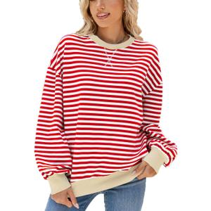 Plustrong Womens Oversized Sweatshirt Color Block Crewneck Casual Fall Pullover Tops (red stripe,M) (M)