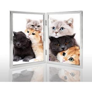 5x7 Picture Frame Double Hinged Silver Metal Thin Edge Frame with High Definition Glass Front Folding Frames Stand Vertically on Tabletop,Silver